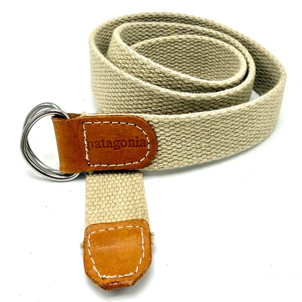 Vintage 90s Patagonia Belt M 26-30 Tan Cotton Web Leather Tabs Double D Ring
